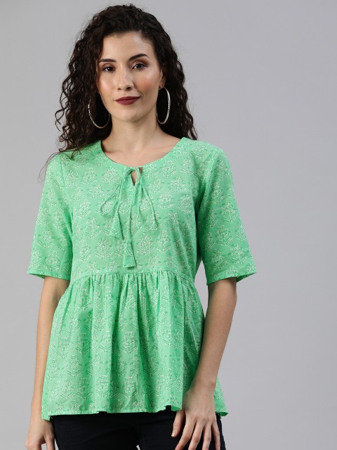 

Anouk Women Green & White Printed Tie-Up Neck Pure Cotton Top with Gathers