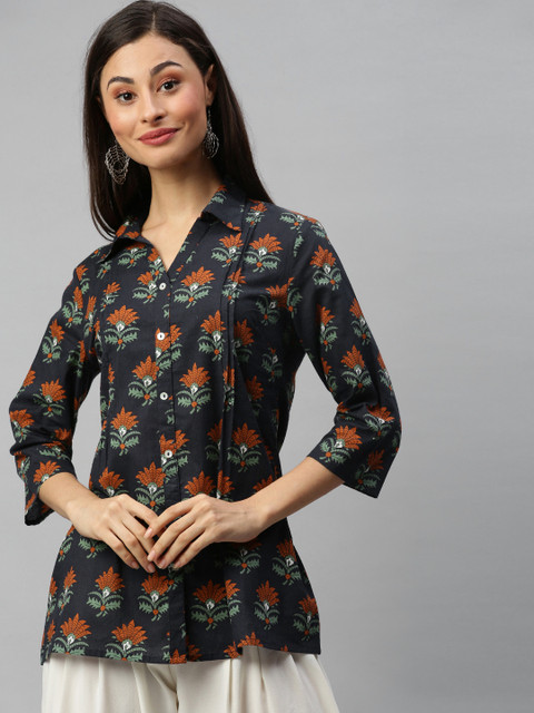 

Anouk Women Navy Blue & Green Floral Printed Shirt Style Pure Cotton Top