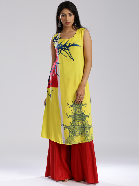 

W Yellow & Teal Blue Printed A-Line Kurta