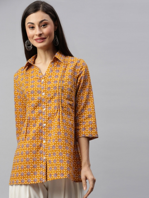 

Anouk Women Yellow & Red Floral Printed Shirt Style Pure Cotton Top