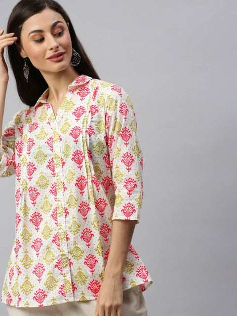 

Anouk Women Off-White & Pink Printed Shirt Style Top