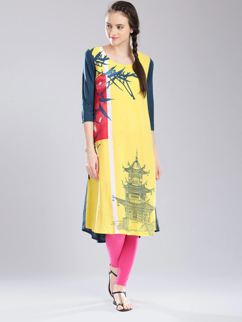 

W Yellow & Navy Printed A-Line Kurta