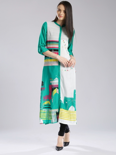 

W Green & Off-White Printed Kurta