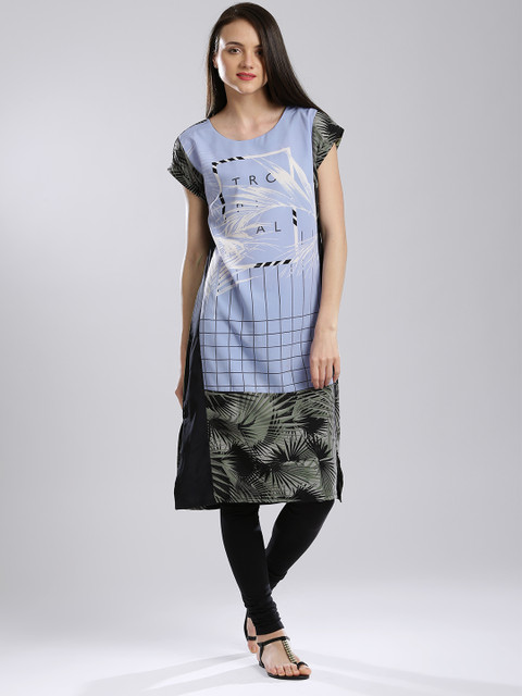 

W Grey & Blue Printed Kurta