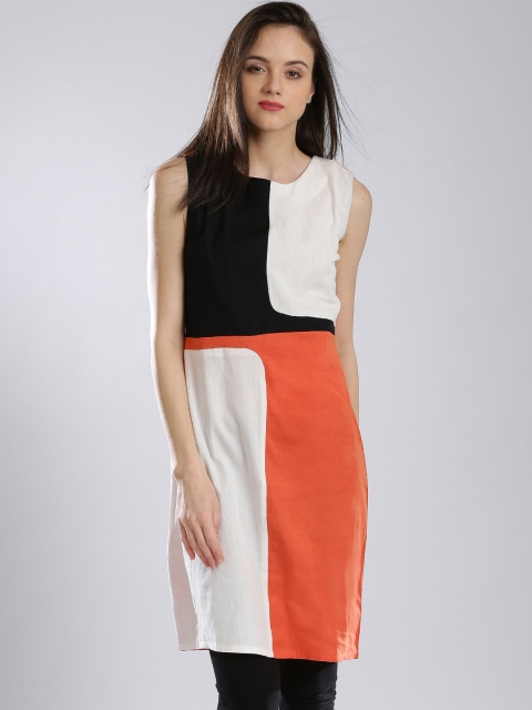 

W Orange & White Colourblocked A-Line Kurta