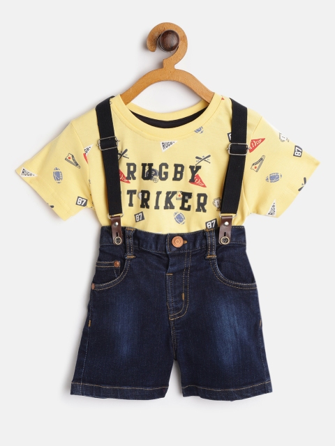 

TOFFY HOUSE Boys Yellow & Navy Blue Printed T-shirt & Denim Shorts With Suspenders