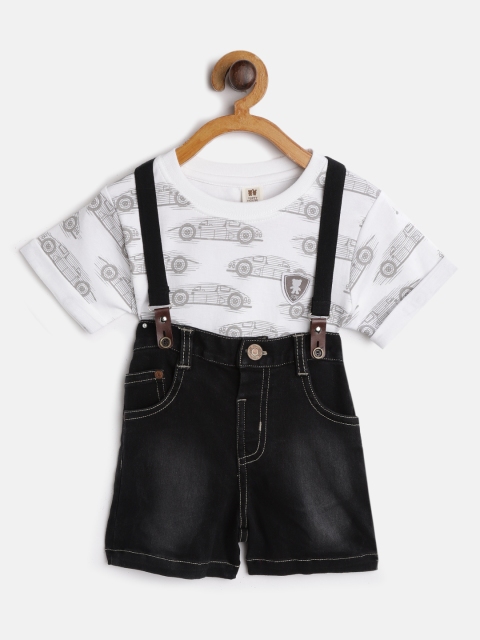 

TOFFY HOUSE Boys White & Black Car Print T-shirt & Denim Shorts With Suspenders