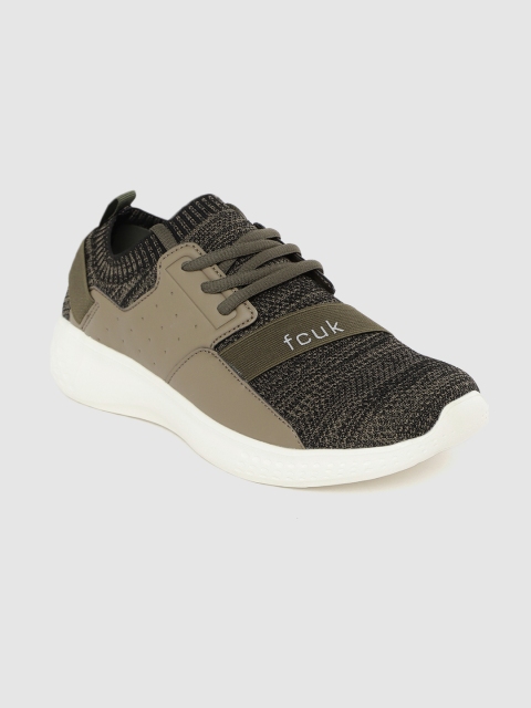 

French Connection Men Olive Brown & Black Woven Design Walking Shoes