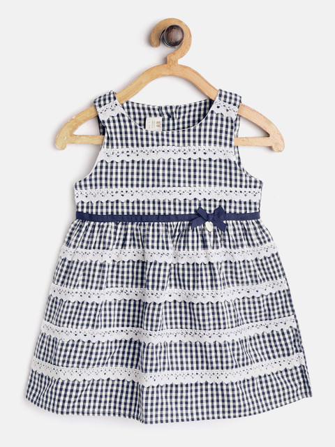 

TOFFY HOUSE Girls Navy Blue & White Checked A-Line Dress with Lace Inserts