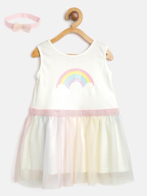 

TOFFY HOUSE Girls White & Pink Rainbow Print Net A-Line Dress With Hairband