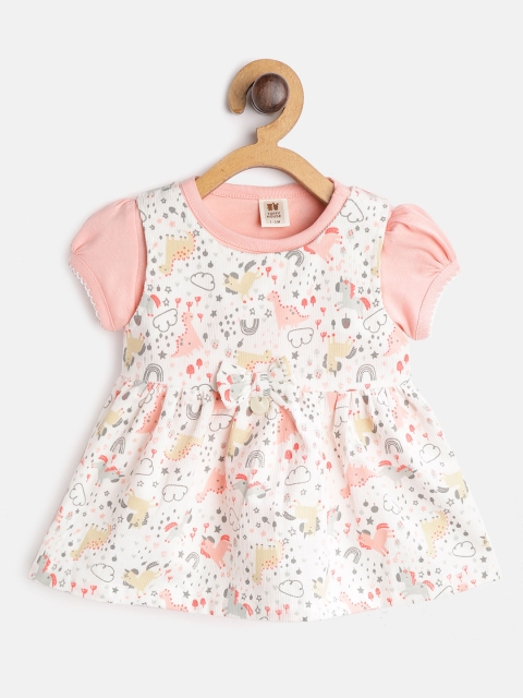 

TOFFY HOUSE Girls White & Peach Coloured Floral Print A-Line Dress with Solid T-shirt