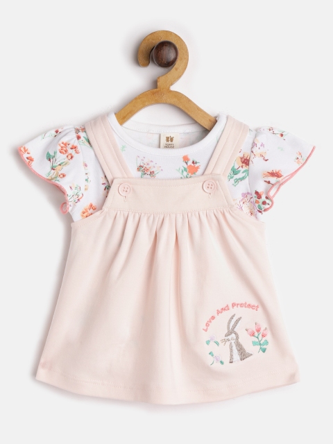 

TOFFY HOUSE Girls Peach-Coloured Solid A-Line Dress with White Floral Print T-Shirt