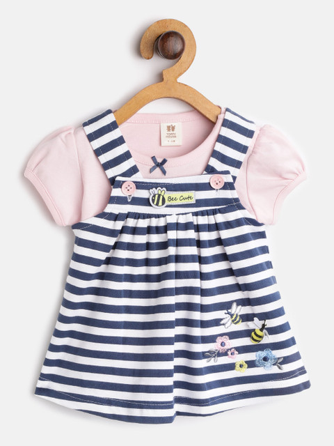 

TOFFY HOUSE Girls Navy Blue & White Striped A-Line Dress with P:ink Solid T-Shirt