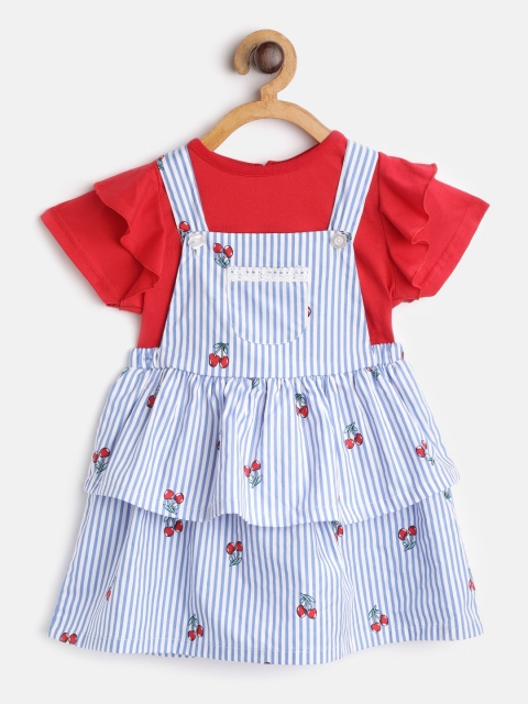 

TOFFY HOUSE Girls Blue & White Striped Pinafore Dress with Red Solid Top