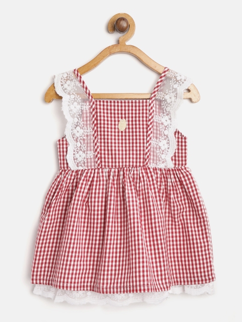 

TOFFY HOUSE Girls Red & White Checked A-Line Dress With Lace Insert