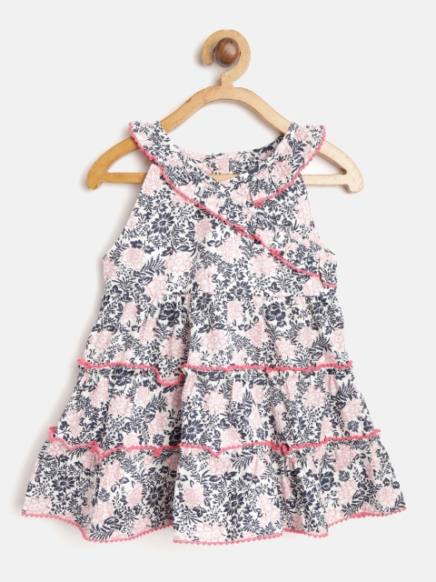 

TOFFY HOUSE Girls White & Navy Blue Floral Print Tiered A-Line Dress