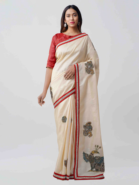 

Unnati Silks Cream-Coloured Pure Silk Embroidered Handloom Tussar Sustainable Saree
