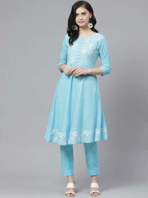 

ADA Women Blue & White Chikankari Embroidered Sustainable Kurta with Trousers