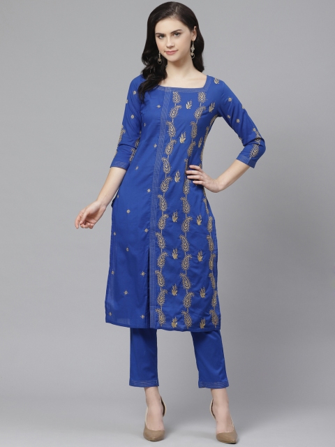 

ADA Women Blue & Beige Chikankari Embroidered Sustainable Kurta with Trousers