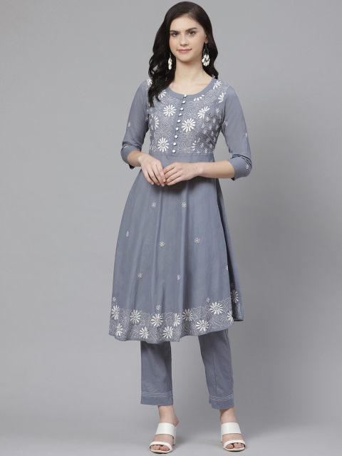 

ADA Women Grey & White Chikankari Embroidered Kurta with Trousers