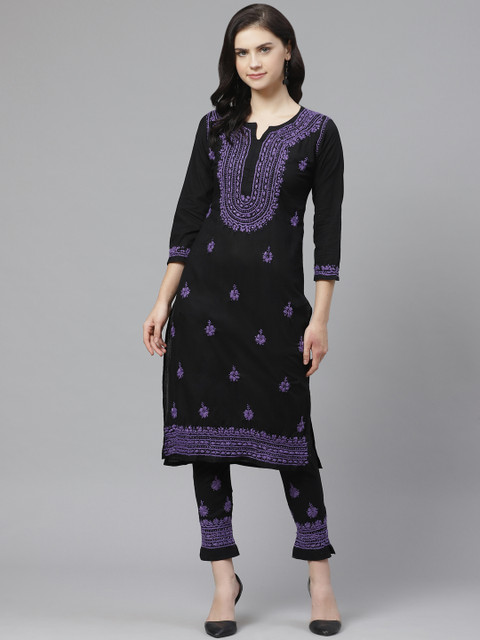 

ADA Women Black & Purple Chikankari Embroidered Kurta with Trousers