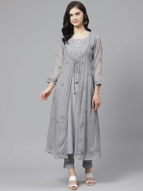 

ADA Women Grey Chikankari Embroidered Layered Sustainable Kota Kurta with Trousers