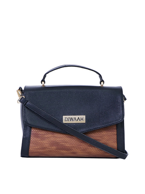 

Diwaah Navy Blue & Brown Colourblocked Satchel Bag