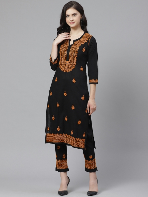 

ADA Women Black & Mustard Yellow Chikankari Embroidered Kurta with Trousers