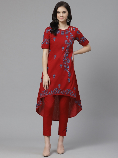 

ADA Women Maroon & Blue Paisley Chikankari Embroidered High-Low Handloom Kurta with Trousers