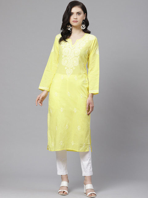 

ADA Women Yellow & White Chikankari Embroidered Sustainable Kurta with Trousers