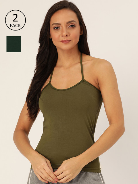 

Lady Lyka Women Pack of 2 Solid Halter Neck Camisoles, Green