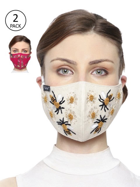 

Anekaant Women Pack of 2 3-Ply Reusable Embroidered Cotton Fabric Fashion Mask, Pink