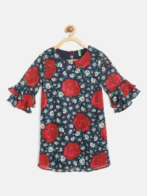 

United Colors of Benetton Girls Navy Blue & Red Rose Print Shift Dress