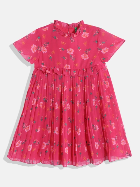 

United Colors of Benetton Fuchsia Pink & Green Floral Print Fit and Flare Dress
