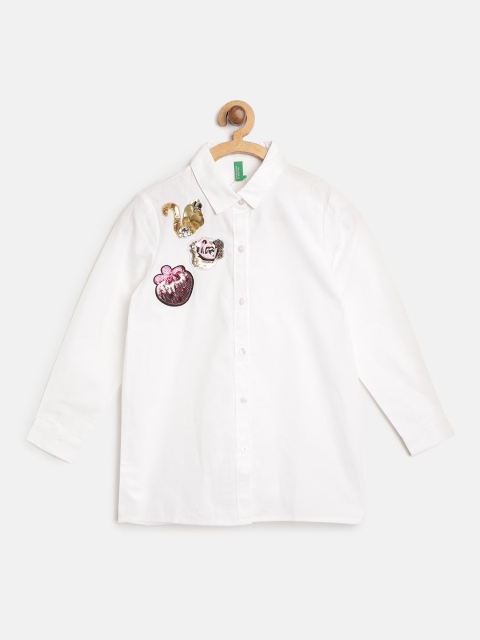 

United Colors of Benetton Girls White Regular Fit Solid Casual Shirt with Applique Detail