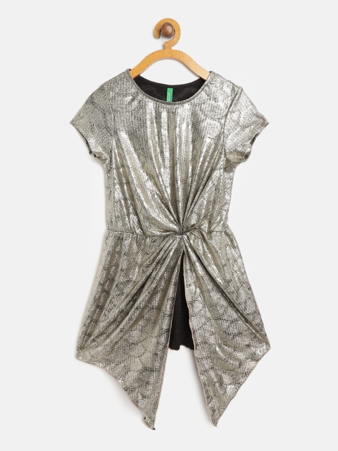 

United Colors of Benetton Girls Golden & Black Patterned Shimmer Layered Knot A-Line Dress, Gold