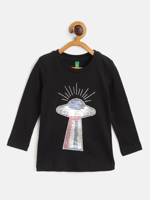 

United Colors of Benetton Girls Black Off-White Applique Sequinned Pure Cotton T-shirt