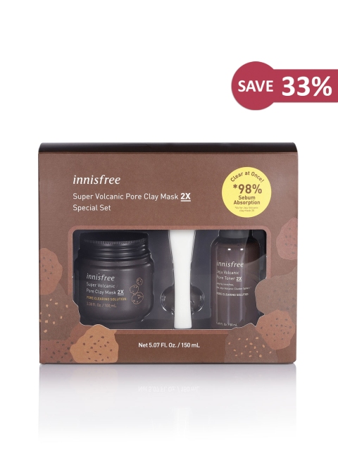 

Innisfree Super Volcanic Pore Clay Mask 2X Skin Care Gift Set 150 ml, Brown