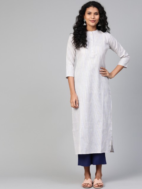 

Indo Era Women White & Blue Striped Straight Kurta