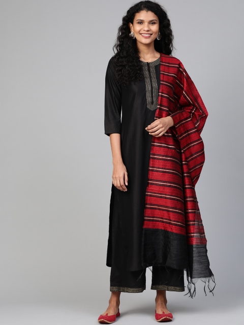 

Indo Era Women Black & Red Yoke Design Kurta with Palazzos & Dupatta