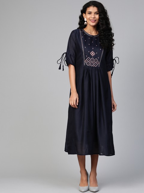 

Indo Era Women Navy Blue Embroidered A-Line Dress