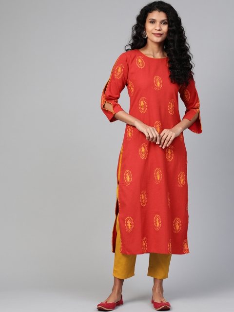 

Indo Era Women Red & Mustard Yellow Khari Printed Kurta with Trousers