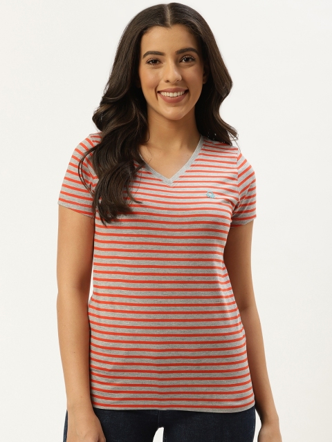 

United Colors of Benetton Women Grey Melange & Orange Striped V-Neck T-shirt