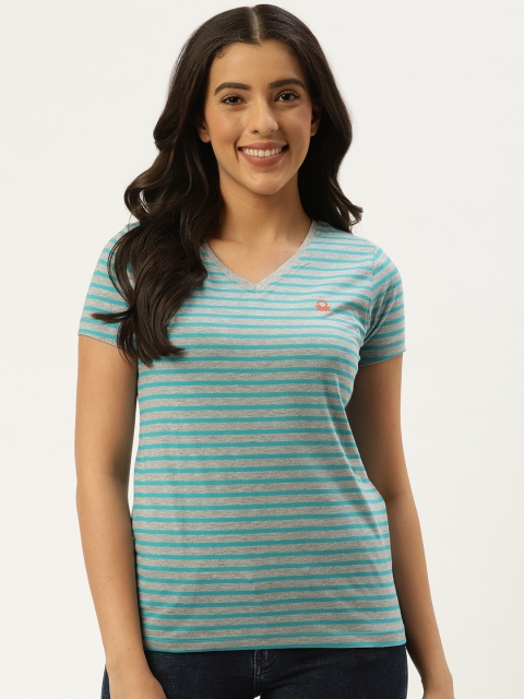 

United Colors of Benetton Women Grey Melange & Sea Green Striped V-Neck T-shirt