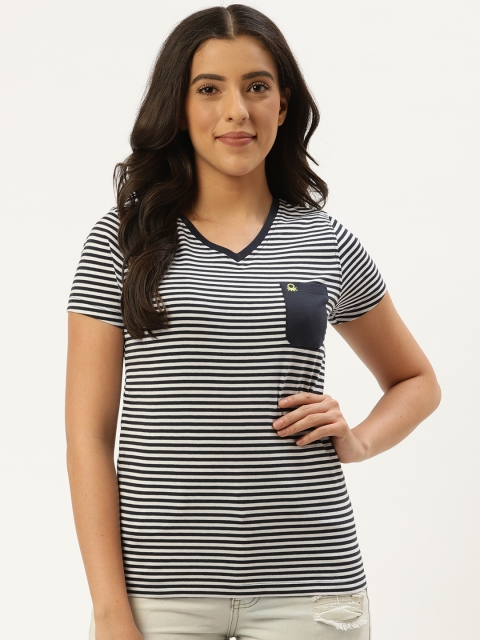 United Colors of Benetton Women Navy Blue & White Striped V-Neck T-shirt