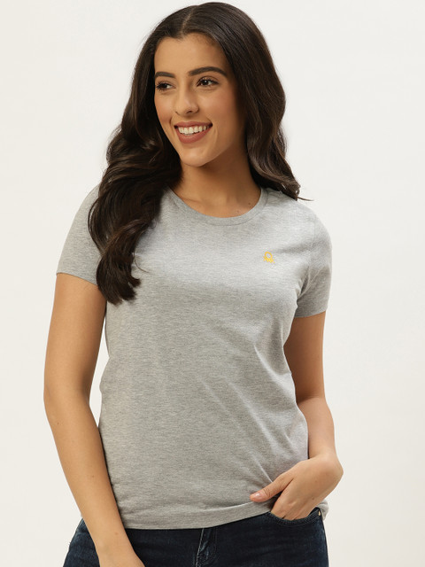 

United Colors of Benetton Women Grey Melange Solid Round Neck T-shirt