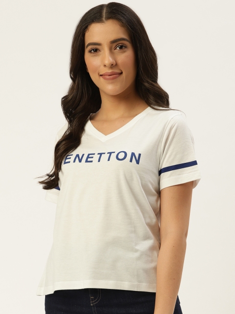 

United Colors of Benetton Women White & Navy Blue Printed V-Neck T-shirt