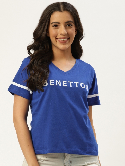 

United Colors of Benetton Women Blue & White Printed V-Neck T-shirt