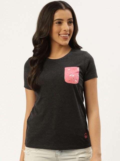 

United Colors of Benetton Women Charcoal Grey Solid Round Neck T-shirt