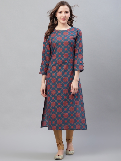 

AHIKA Women Navy Blue & Red Ethnic Printed Straight Kurta